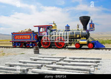 Central Pacific Railroad #60, dem Jupiter, sitzt auf den Schienen an Golden Spike National Historic Site bei Promontory Summit in Utah Stockfoto