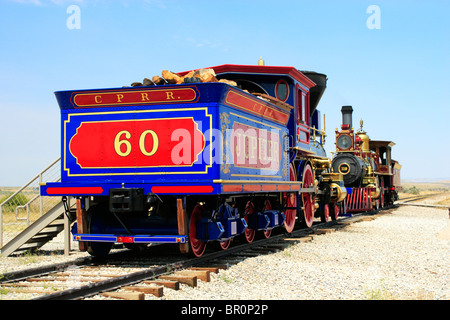 Central Pacific Railroad #60, dem Jupiter, sitzt auf den Schienen an Golden Spike National Historic Site bei Promontory Summit in Utah Stockfoto