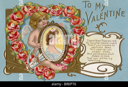 Ein Vintage Valentine mit Amor hält ein Porträt einer Frau Stockfoto