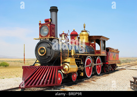 Union Pacific Railroad #119 sitzt auf den Schienen an Golden Spike National Historic Site bei Promontory Summit in Utah. Stockfoto