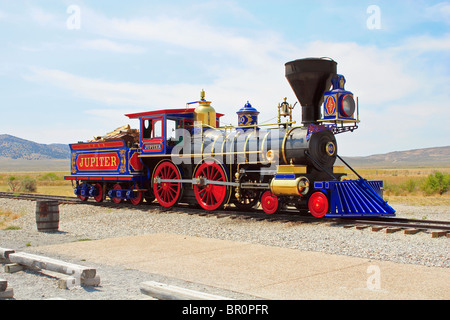 Central Pacific Railroad #60, dem Jupiter, sitzt auf den Schienen an Golden Spike National Historic Site bei Promontory Summit in Utah Stockfoto