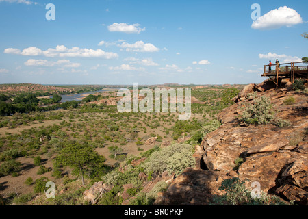 Confuence Site anzeigen, Zusammenfluss von Limpopo und Shashe, Mapungubwe National Park, Südafrika Stockfoto