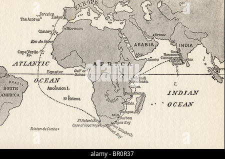 Skizzieren Sie Karte illustriert Vasco Da Gama Reisen. Die gepunktete Linie zeigt die erste Reise nach Indien im Jahre 1497. Stockfoto