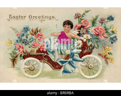 Eine Postkarte Ostern mit einem Cherub Reiten ein antikes Auto voller Blumen Stockfoto