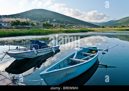 Am frühen Morgen auf dem Ufer des Prespa-See im nördlichen Psaradhes, Mazedonien, Griechenland. Stockfoto