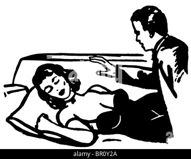 Eine schwarz-weiß Version einer Illustration von einem Mann blickte auf eine schlafende Frau Stockfoto