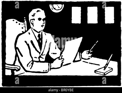 Eine schwarz-weiß Version einer Illustration eines Mannes an seinem Schreibtisch arbeiten Stockfoto