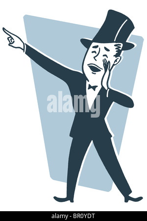 Ein Cartoon-Stil, Zeichnung von einem Mann gekleidet in einen Zylinder und Frack macht eine Ankündigung Stockfoto