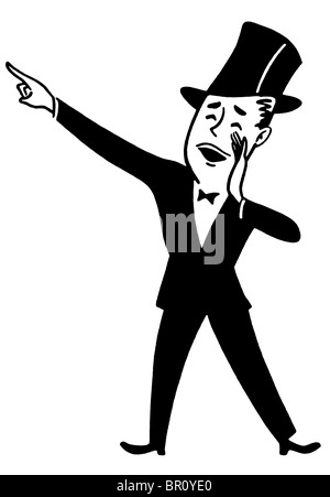 Ein schwarz gekleidet eine weiße Version von einem Cartoon-Stil, Zeichnung eines Mannes in einem Zylinder und Frack macht eine Ankündigung Stockfoto