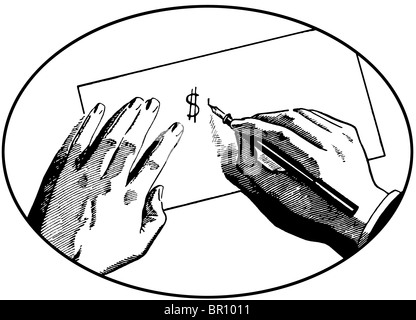 Eine schwarz-weiß Version einer Illustration von zwei Händen auf dem Schreibtisch schreiben eine Dollar-symbol Stockfoto