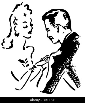 Eine schwarz-weiß Version einer Vintage Illustration von Mann und Frau flirten Stockfoto