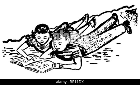 Eine schwarz-weiß Version einer Vintage Illustration von zwei Kindern Hausaufgaben zusammen Stockfoto