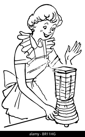 Eine schwarz-weiß Version einer Vintage Illustration einer Frau mit einem Mixer Stockfoto