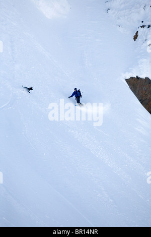 Snow Boarder reitet mit Hunden am steilen Hang. Stockfoto