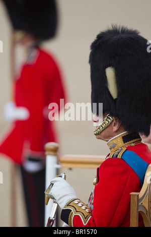 Der Prinz Philip auf dem Podium stehen, während die Königin ihre Truppen inspiziert. "Trooping die Farbe" 2010 Stockfoto