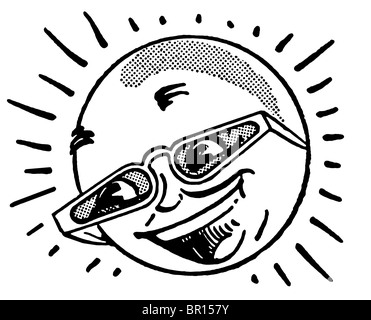 Eine schwarz-weiß Version von einer Cartoon-Bild der Sonne in Gläsern Stockfoto