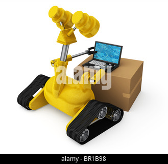 Eine gelbe Roboter versucht, einen Laptop-Computer auf einen Karton zu verwenden Stockfoto