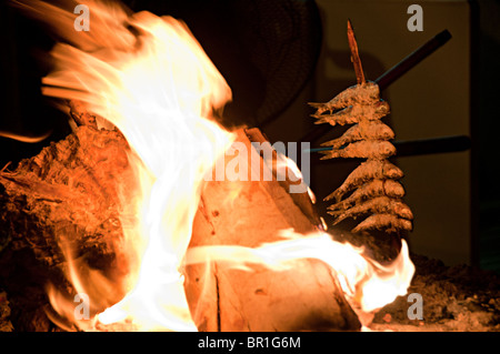 Sardinen gekocht wird auf einem Grill auf einem spanischen Strand an der Costa Del sol Stockfoto