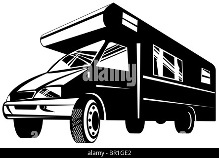 Illustration der Camper van Mobilheim Fahrzeug angesehen von vorne in flachen Winkel getan im retro-Stil-schwarz / weiß Stockfoto