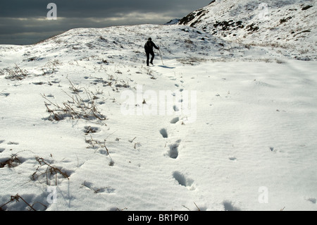 Ein Hügel Walker auf die Yewdale Fells im Winter über Coniston, Lake District, Cumbria, England, UK. Stockfoto