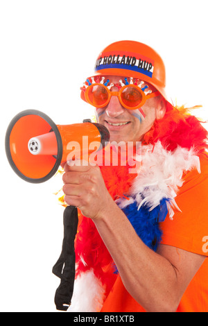Niederländische Mann als Fußball-Anhänger mit Megaphon Stockfoto