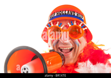 Niederländische Mann als Fußball-Anhänger mit Megaphon Stockfoto