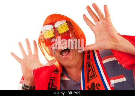 Niederländische Fußball-Fan, gekleidet in Orange mit lustige Brillen Stockfoto