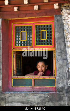 Young-tibetisch-buddhistischen Mönch Altersgenossen aus Fenster der Wohnräume, Juli Kloster, Xinduqiao, Provinz Sichuan, China Stockfoto