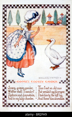 Flora White Kinderreim Karte von ca. 1920. "Goosey Goosey Gander" Stockfoto