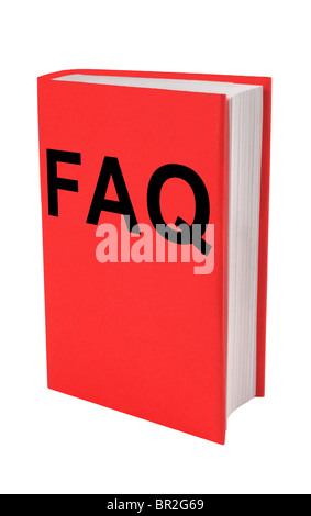 Die Abkürzung FAQ (Frequently Asked Questions) auf ein rotes Buch gedruckt. Stockfoto