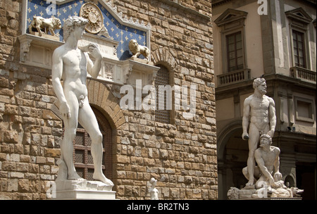 Statuen von David und Hercules (und Grab) in der Piazza della Signoria vor dem Palazzo Vecchio.Florence-Italien Stockfoto