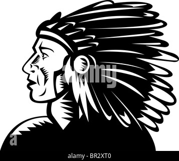 Indianer Häuptling mit Kopfschmuck Holzschnitt Stil Stockfoto