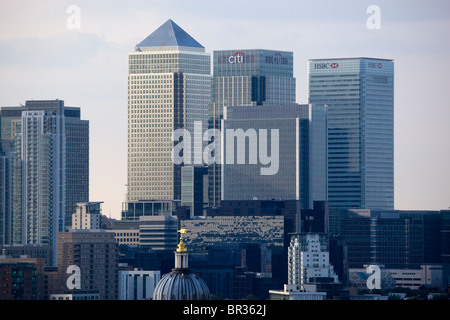 Blick auf Canary Wharf Entwicklung Docklands von London Greenwich Park Stockfoto