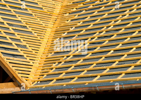 Neuer Bungalow Tal Dach Bau zeigt Nadelholz Kiefer Holz Latten - Indre-et-Loire, Frankreich. Stockfoto