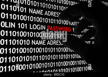 Computer-Bildschirm mit binären Code und Passwort Text, tolles Konzept für Hacker, Technologie und Online-Sicherheit. Stockfoto
