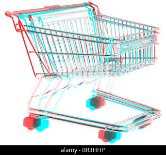 3D Anaglyphen von Einkaufswagen isoliert auf weißem Hintergrund, für die Anzeige von Stereo-Gläser sind erforderlich Stockfoto