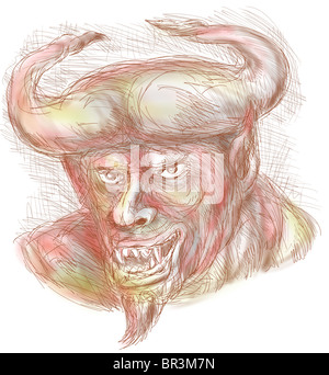 Hand skizzierte Darstellung eines Dämons mit großen Hörnern mit einem frechen Grinsen zeigt Zähne Stockfoto