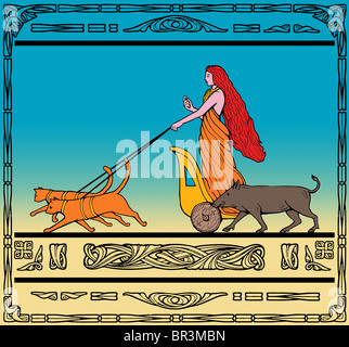 Art-Deco-Stil Illustration einer Freya-nordische Göttin der Liebe und Schönheit Reiten einen Wagen gezogen von ihren zwei Katzen und Wildschweine. Stockfoto