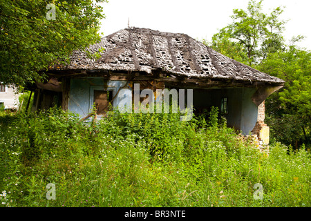 Alte verlassene Hausruine mit Vegetation bedeckt Stockfoto