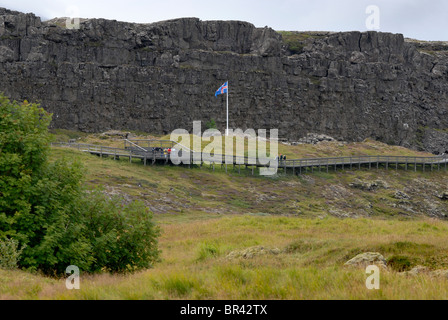 Das AlÞing oder das Parlament, Þingvellir, wo die europäischen und amerikanischen Platten treffen. Stockfoto