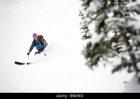 Weibliche Backcountry Skifahrer Häuten bergauf in den Rocky Mountains, Whitefish, Montana. Stockfoto