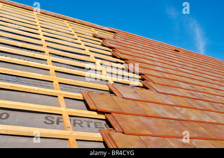 Neuer Bungalow aufgeschlagen Dachkonstruktion zeigt, dass Nadelholz Kiefer Holz Latten und roten Tonziegel - Indre-et-Loire, Frankreich. Stockfoto