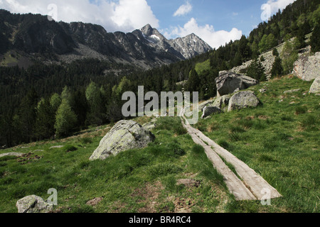 Mount Montanyo und Pic de Sudorn am Aufstieg vom Espot zur Estany Negre Sant Maurici Nationalpark Pyrenäen Spaniens Stockfoto