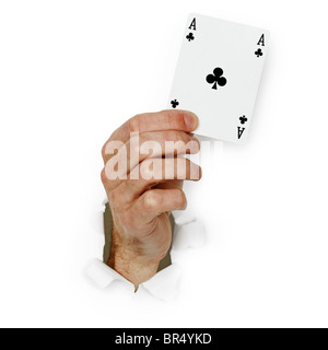 Karte-Ass in der Hand auf einem weißen Hintergrund Stockfoto