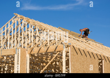 Tischler verwendet eine pneumatische Nagelpistole ein Fachwerk-Dach auf ein neues Zuhause im Bau Klammern hinzu. Stockfoto