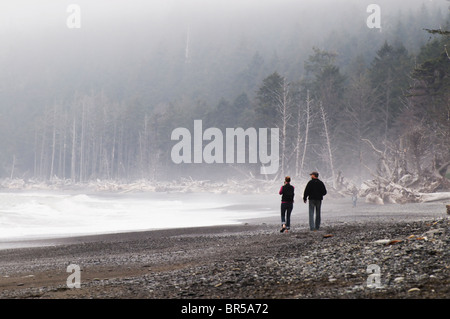 Ein paar Spaziergänge entlang des Ufers am Rialto Beach auf der Olympic Peninsula in den frühen Morgennebel. Stockfoto