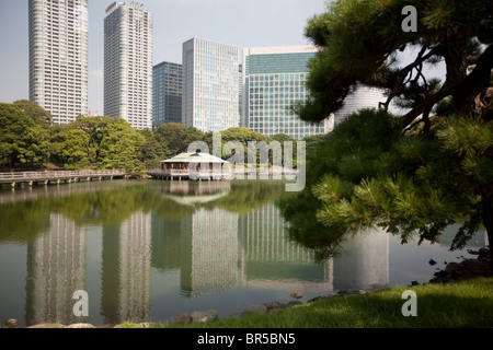 Blick auf Hochhäuser im Stadtteil Shiodome wie in Hama-Rikyu Teien Gärten, in Tokio, Japan, Montag, 23. August Stockfoto