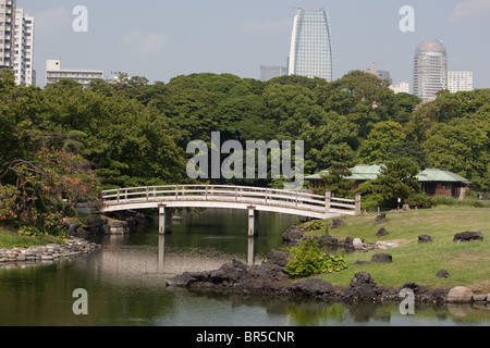 Blick auf Hochhäuser im Stadtteil Shiodome wie in Hama-Rikyu Teien Gärten, in Tokio, Japan, Montag, 23. August Stockfoto