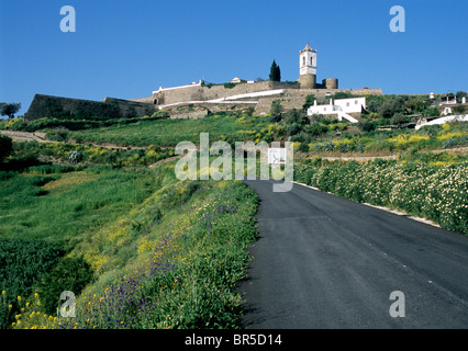 Die Straße führt zu den winzigen mittelalterlichen ummauerten Stadt von Monsaraz, in Süd-Portugal-Alentejo-Provinz. Stockfoto