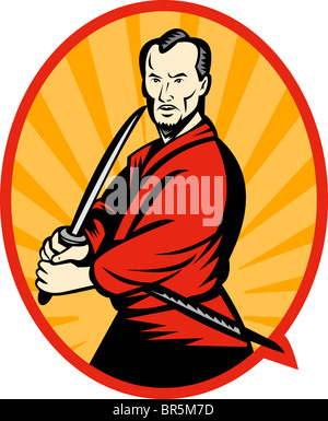 Abbildung eines Samurai-Kriegers mit Katana Schwert zeigt auf Seite innerhalb eines Ovals. Stockfoto